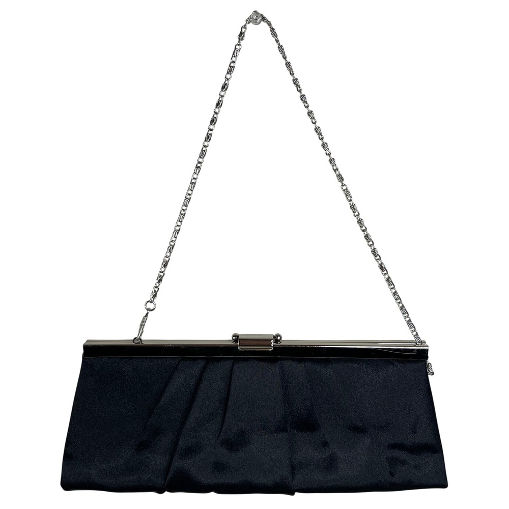 Jessica McClintock Clutch Bag Black Satin Pleated Evening Formal Chain Strap